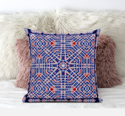 16" X 16" Indigo Red Geometric Blown Seam Suede Throw Pillow