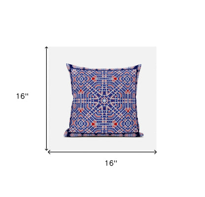 16" X 16" Indigo Red Geometric Blown Seam Suede Throw Pillow