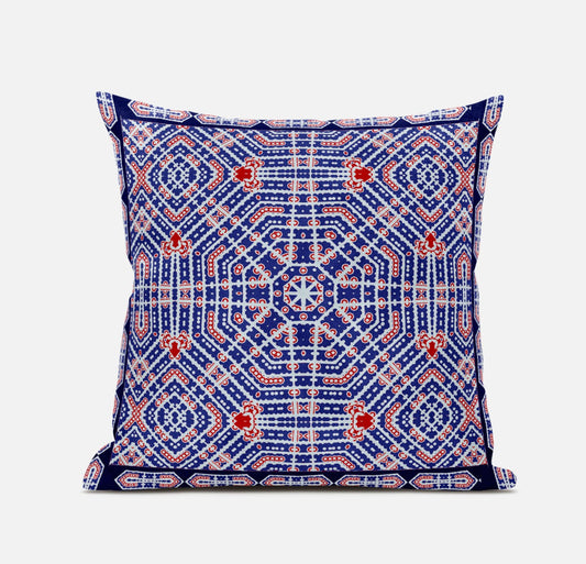 18" X 18" Indigo Red Geometric Blown Seam Suede Throw Pillow