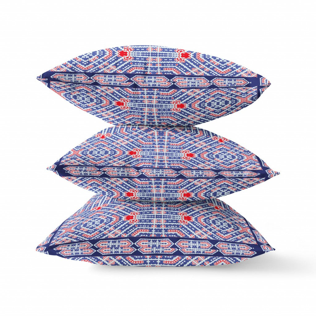 18" X 18" Indigo Red Geometric Blown Seam Suede Throw Pillow