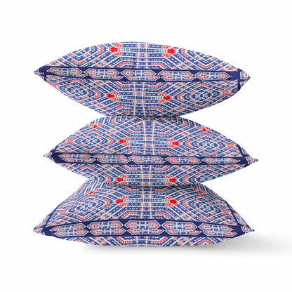18" X 18" Indigo Red Geometric Blown Seam Suede Throw Pillow