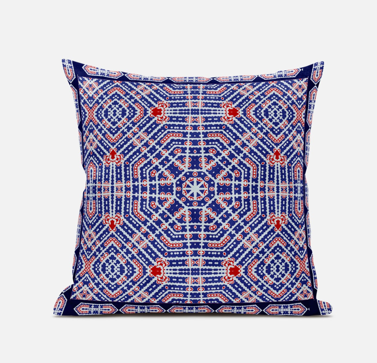 18" X 18" Indigo Red Geometric Blown Seam Suede Throw Pillow