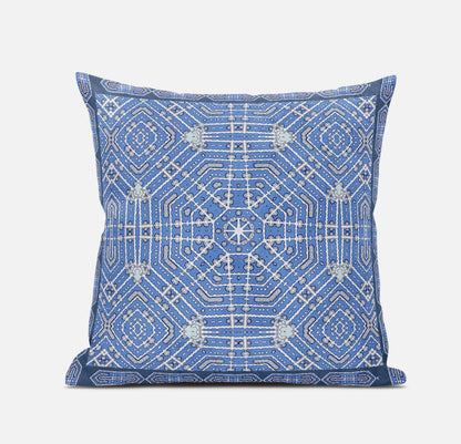 16" X 16" Light Blue Grey White Geometric Blown Seam Suede Throw Pillow