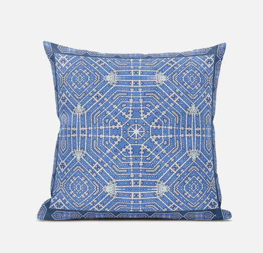 16" X 16" Light Blue Grey White Geometric Blown Seam Suede Throw Pillow