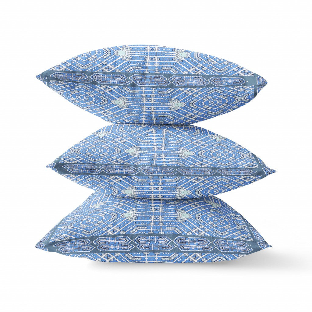16" X 16" Light Blue Grey White Geometric Blown Seam Suede Throw Pillow