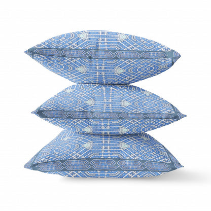 16" X 16" Light Blue Grey White Geometric Blown Seam Suede Throw Pillow