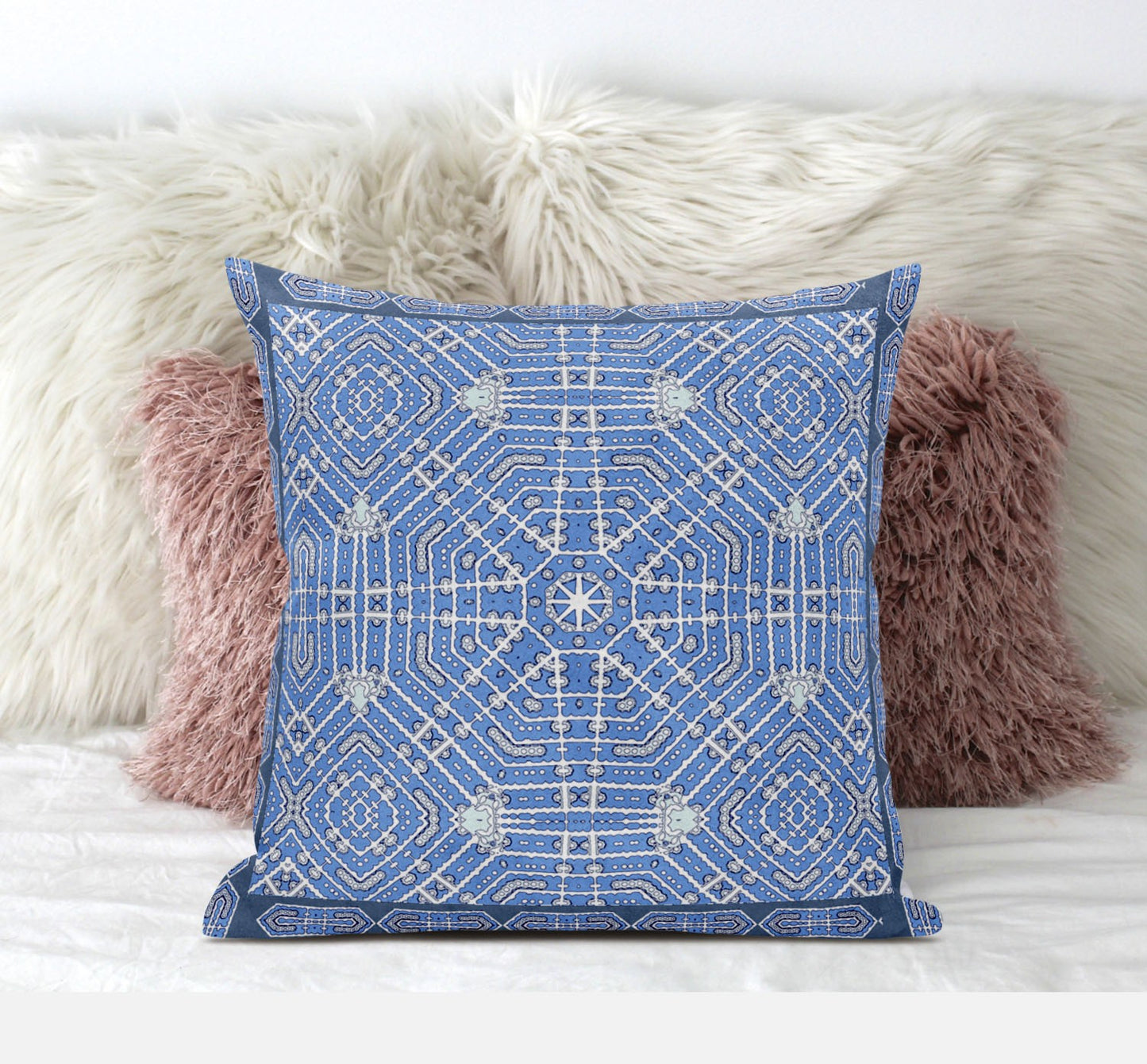 16" X 16" Light Blue Grey White Geometric Blown Seam Suede Throw Pillow