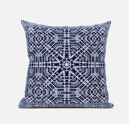 16" X 16" Indigo White Green Geometric Blown Seam Suede Throw Pillow