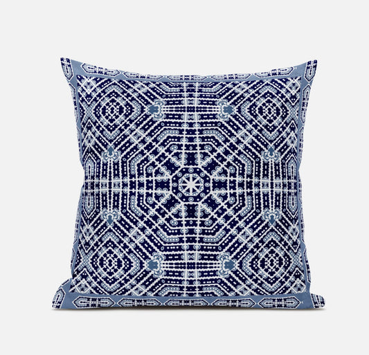 16" X 16" Indigo White Green Geometric Blown Seam Suede Throw Pillow