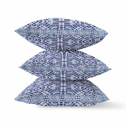 16" X 16" Indigo White Green Geometric Blown Seam Suede Throw Pillow