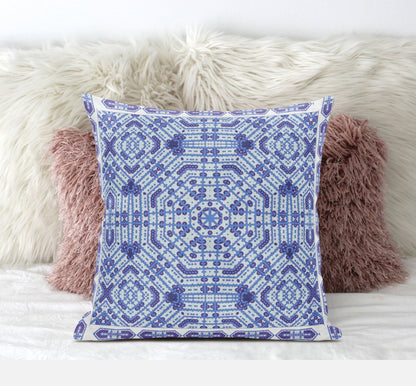 18" X 18" Indigo White Geometric Blown Seam Suede Throw Pillow