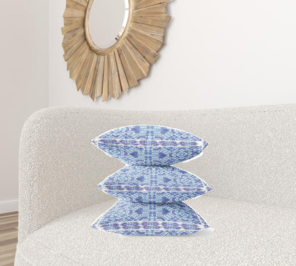 18" X 18" Indigo White Geometric Blown Seam Suede Throw Pillow
