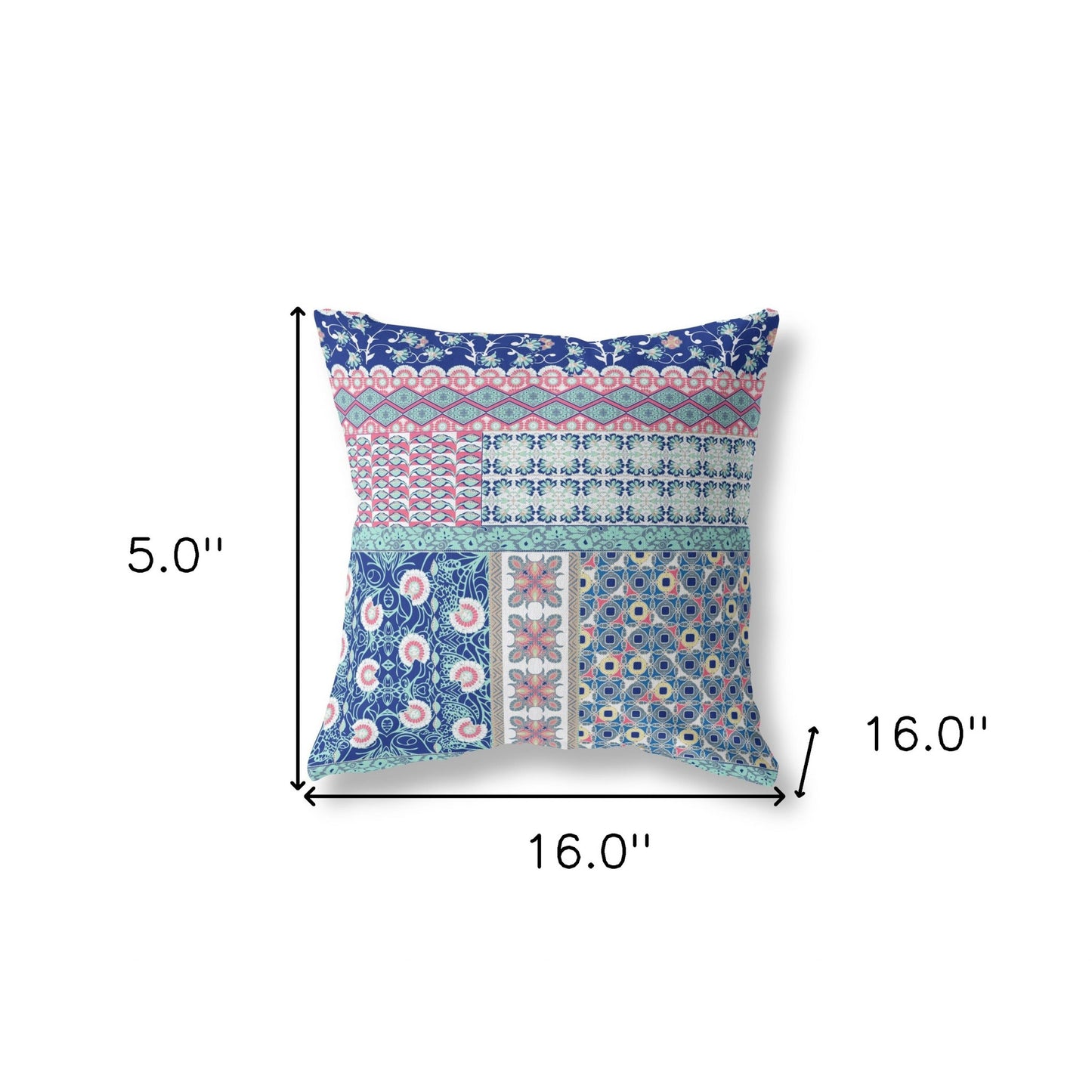 16"X16" Blue And Pink Microsuede Patchwork Zippered Pillow