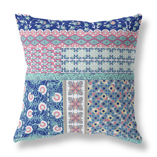 20"X20" Blue And Pink Microsuede Patchwork Zippered Pillow