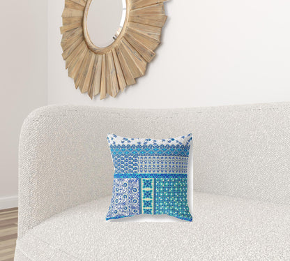 16"X16" Blue And White Microsuede Patchwork Zippered Pillow