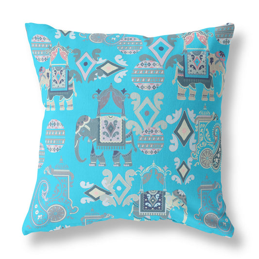 16" X 16" Bright Blue And Gray Paisley Blown Seam Suede Throw Pillow