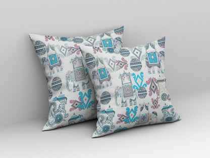 16" X 16" Beige And Blue Paisley Blown Seam Suede Throw Pillow