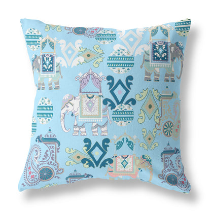 16" X 16" Sky Blue And White Paisley Blown Seam Suede Throw Pillow