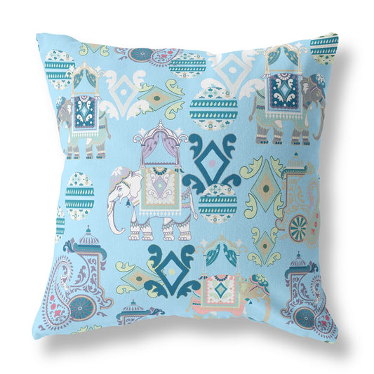 16" X 16" Sky Blue And White Paisley Blown Seam Suede Throw Pillow