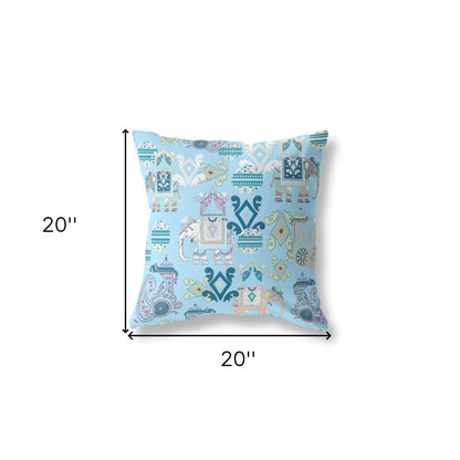 18" X 18" Sky Blue And White Paisley Blown Seam Suede Throw Pillow