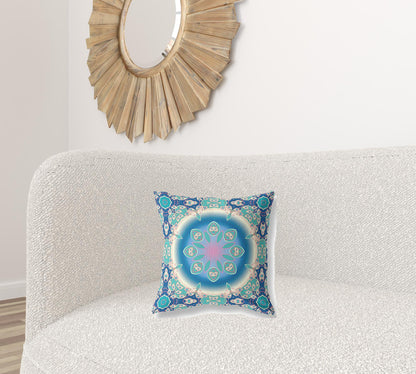 16" X 16" Blue And Turquoise Geometric Blown Seam Suede Throw Pillow