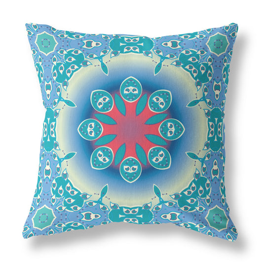 18" X 18" Blue And Red Geometric Blown Seam Suede Throw Pillow