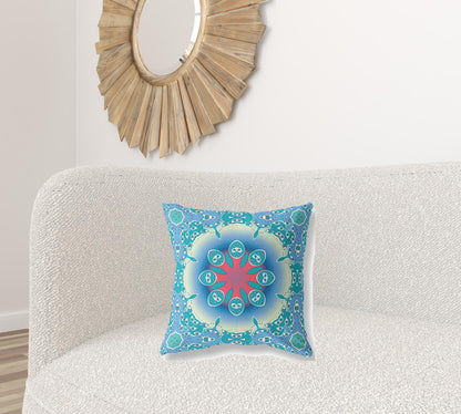 18" X 18" Blue And Red Geometric Blown Seam Suede Throw Pillow