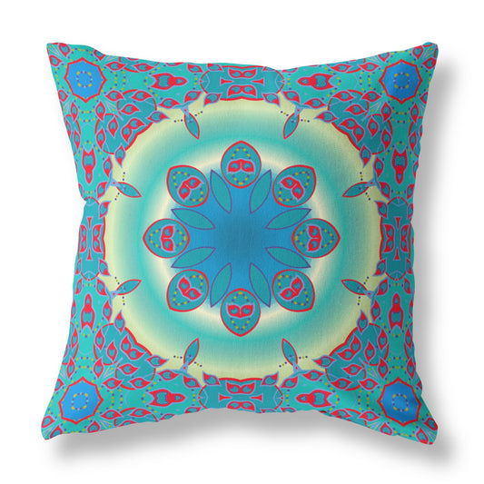 18" X 18" Green And Red Geometric Blown Seam Suede Throw Pillow