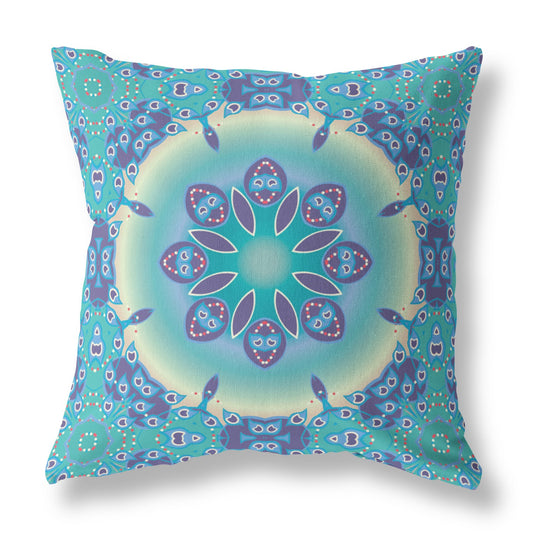 18" X 18" Blue And Purple Geometric Blown Seam Suede Throw Pillow