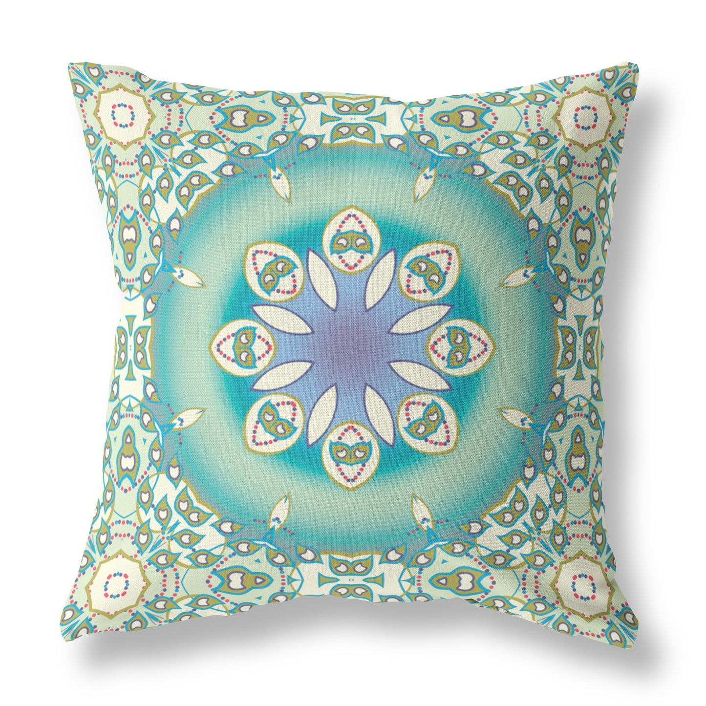 16" X 16" Beige And Green Geometric Blown Seam Suede Throw Pillow