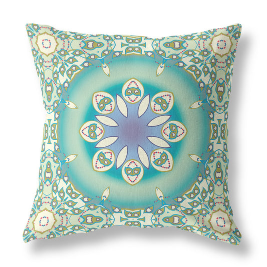 18" X 18" Beige And Green Geometric Blown Seam Suede Throw Pillow