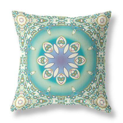 18" X 18" Beige And Green Geometric Blown Seam Suede Throw Pillow