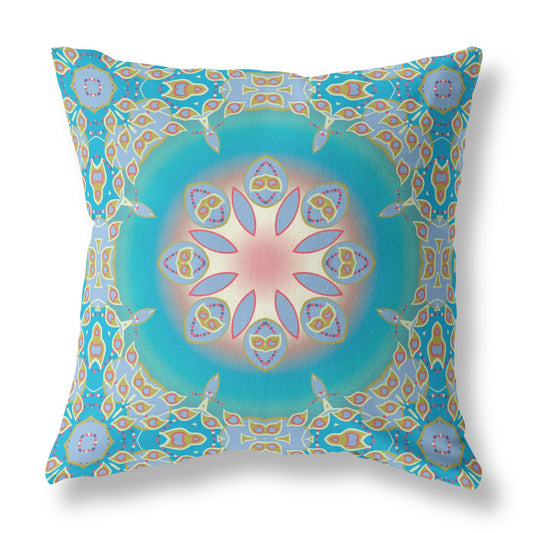 16" X 16" Blue And Green Geometric Blown Seam Suede Throw Pillow