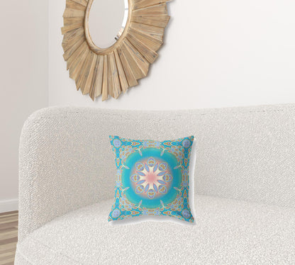 16" X 16" Blue And Green Geometric Blown Seam Suede Throw Pillow