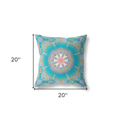 18" X 18" Blue And Green Geometric Blown Seam Suede Throw Pillow