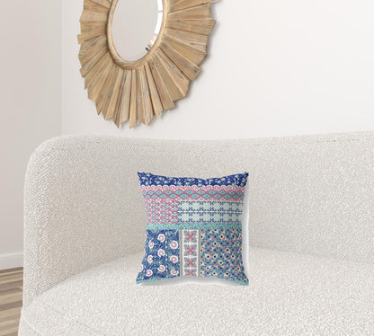 16"X16" Blue And Pink Microsuede Patchwork Blown Seam Pillow