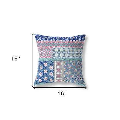 16"X16" Blue And Pink Microsuede Patchwork Blown Seam Pillow