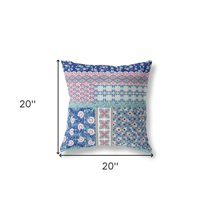 18"X18" Blue And Pink Microsuede Patchwork Blown Seam Pillow