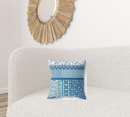 16"X16" Blue And White Microsuede Patchwork Blown Seam Pillow