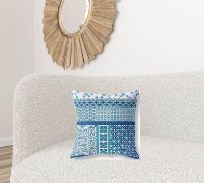 18"X18" Blue And White Microsuede Patchwork Blown Seam Pillow