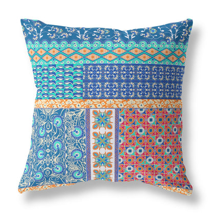 16"X16" Blue And Orange Microsuede Patchwork Blown Seam Pillow