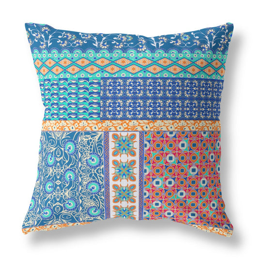 16"X16" Blue And Orange Microsuede Patchwork Blown Seam Pillow