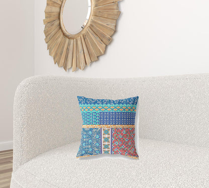 16"X16" Blue And Orange Microsuede Patchwork Blown Seam Pillow