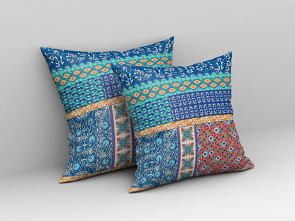 18"X18" Blue And Orange Microsuede Patchwork Blown Seam Pillow