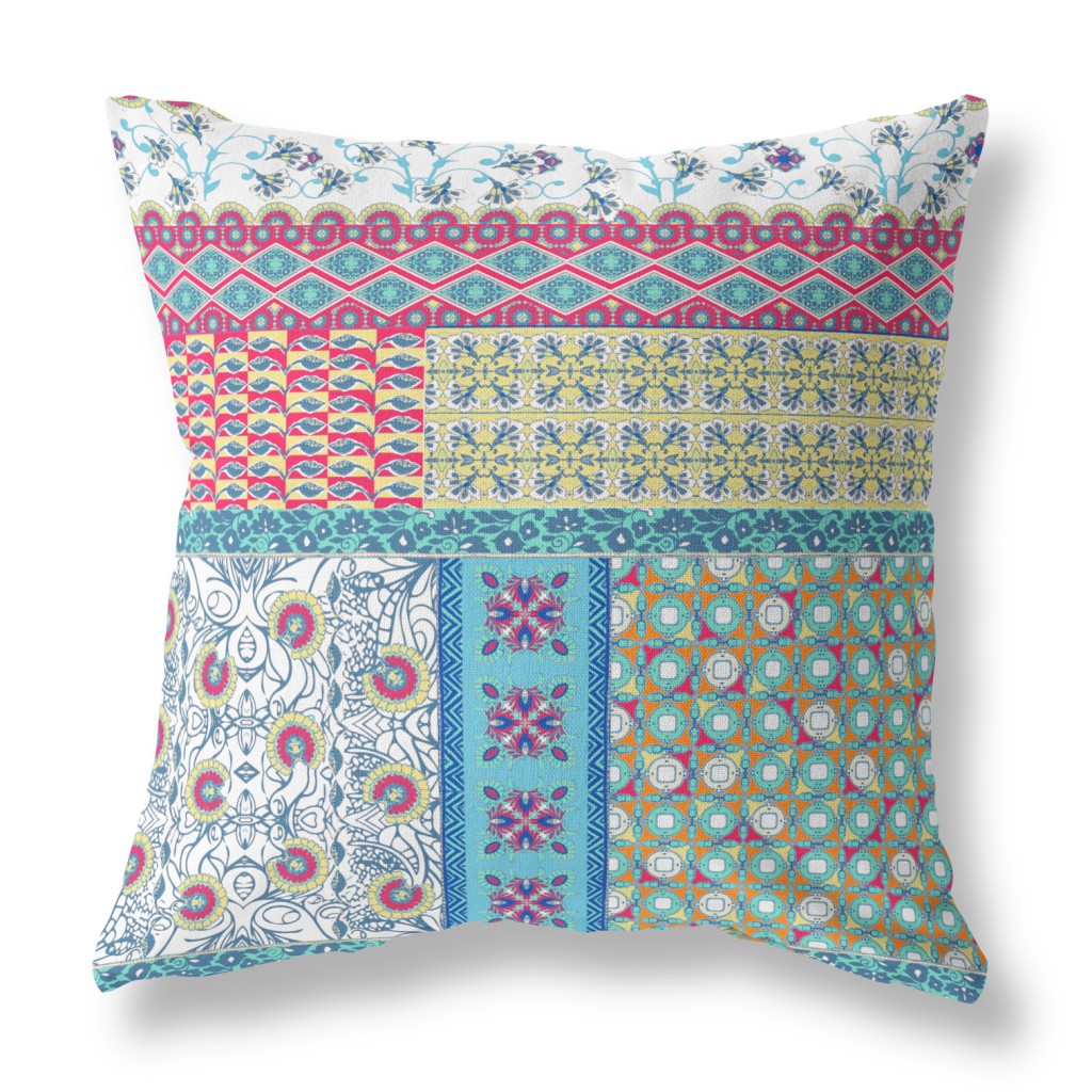 18"X18" Teal Blue Microsuede Patchwork Blown Seam Pillow