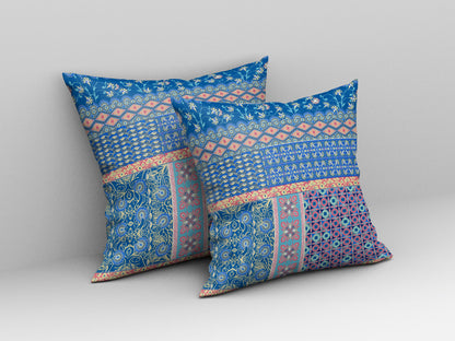 16"X16" Blue And Yellow Microsuede Patchwork Blown Seam Pillow