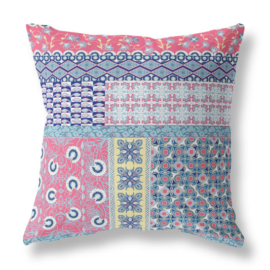 16"X16" Blue And Pink Microsuede Patchwork Blown Seam Pillow