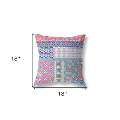 18"X18" Blue And Pink Microsuede Patchwork Blown Seam Pillow