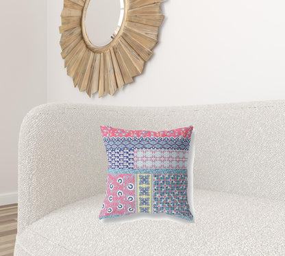 18"X18" Blue And Pink Microsuede Patchwork Blown Seam Pillow