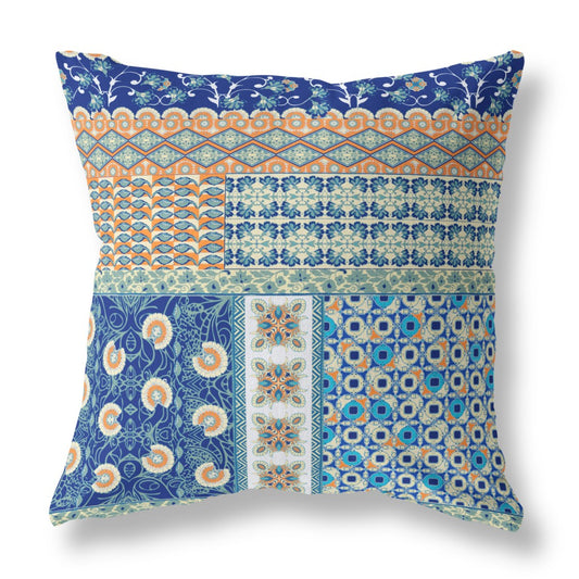 16"X16" Blue And Orange Microsuede Patchwork Blown Seam Pillow
